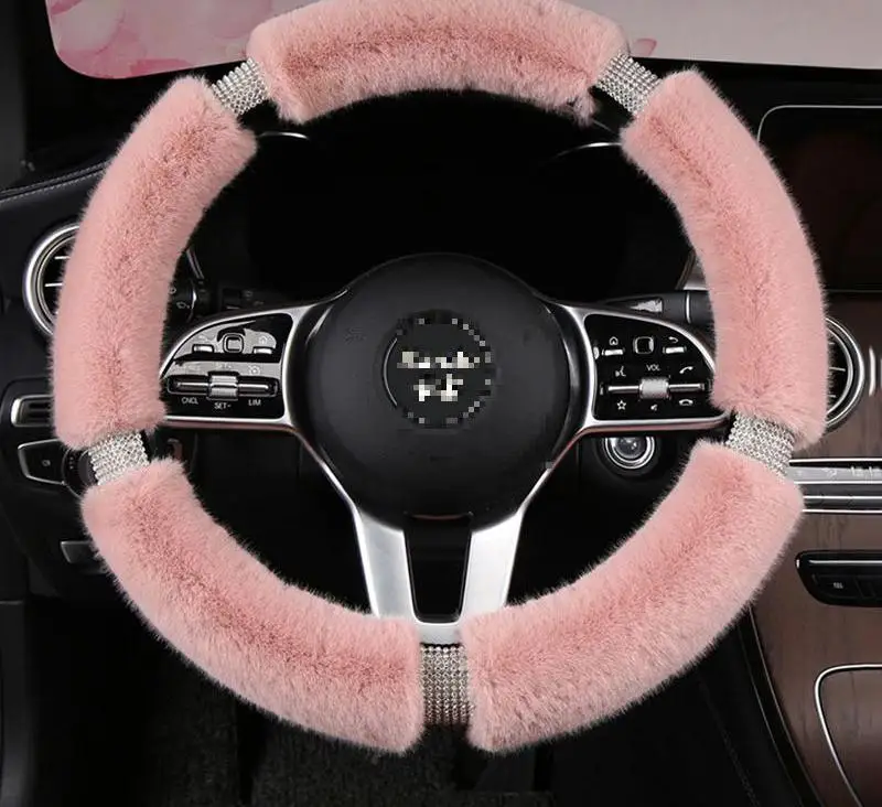 

Fluffy Steering Wheel Cover with Bling Rhinestones Diamond Fur Furry Car Steering Covers Universal 38cm For Women Girl