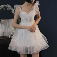 2021 summer kawaii fairy dress women vintage elegant sweet strap mini dresses backless ruffle white mesh cute lolita dresses