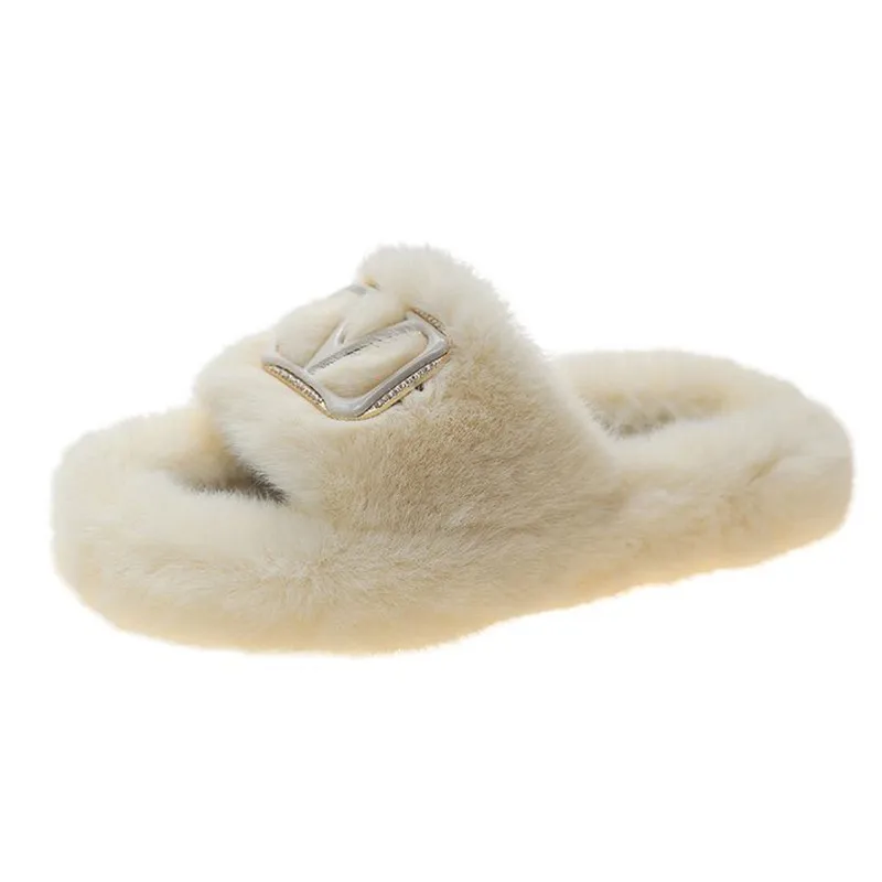 

New Ladies Plush Slippers Faux Mink Slides Fashion House Non-Slip Solid Flat Slippres External Wear