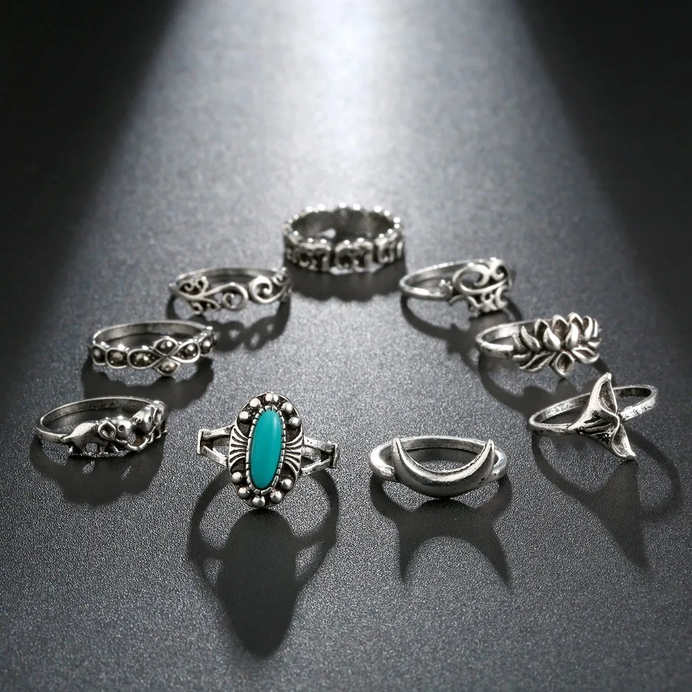 Meyfflin Винтаж Тарельчатая комплект для Для женщин модные Anel Aneis Bague камень серебро Миди палец кольца Бохо ювелирные изделия 10 шт./компл