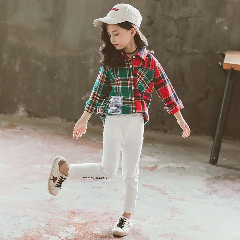 Модная Осенняя Блузка для девочек разноцветные рубашки в клетку с отстрочкой