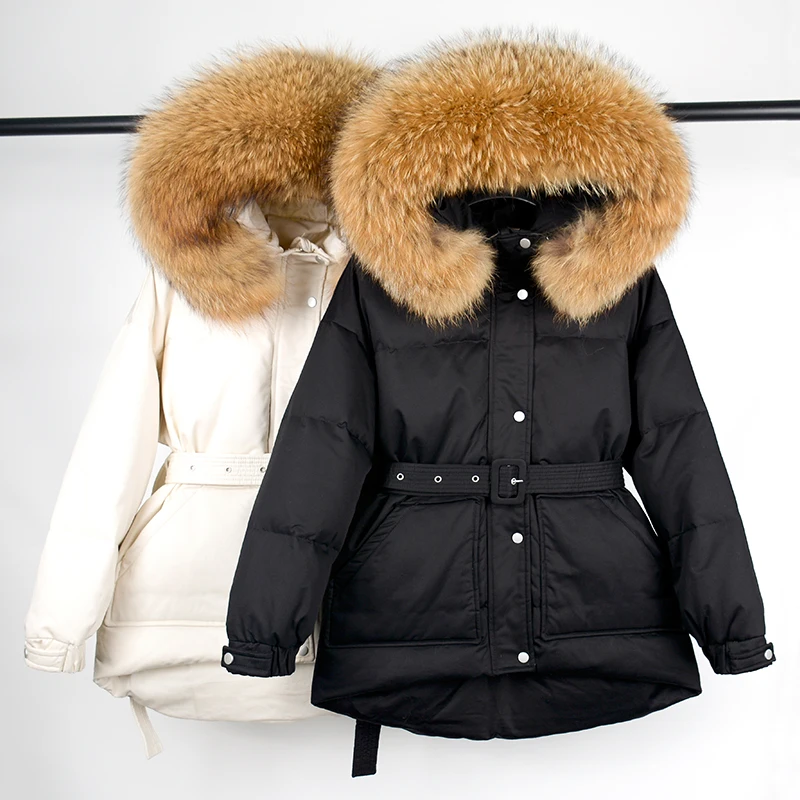 

Large Natural Raccoon Fur Hooded Jacket Winter Women 90% White Duck Down Coat Parkers Loose Warm Snow Outwear Adjustable Waist