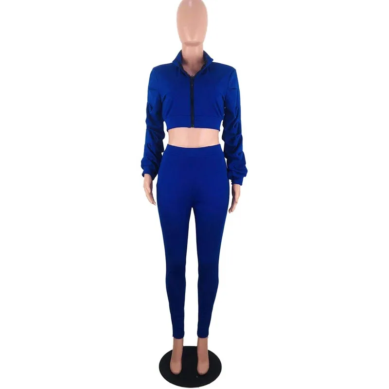 Streetwear Sexy Ruffle Long Sleeve Jacket Crop Top and Pants Two Piece Set Female Fall Winter Neon Matching Track Suit Outfits |