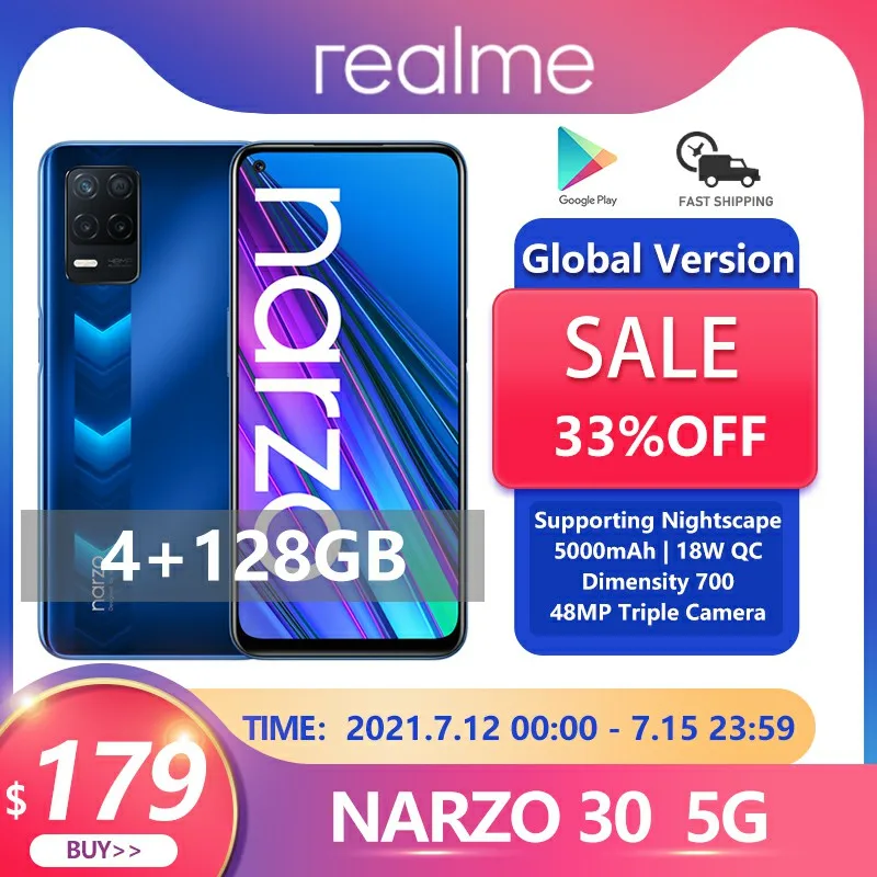 Новый realme Narzo 30 5G глобальная версия 4 Гб 128 NFC Dimensity 700 48MP тройной Камера 5000 мА/ч 90 Гц