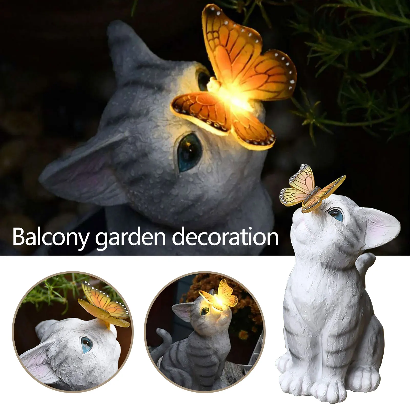 

Solar LED Light Cute Cat and Butterfly Figurine Resin Ornament Garden Lamp Statue withfor Patio Lawn Yard Art Decoration