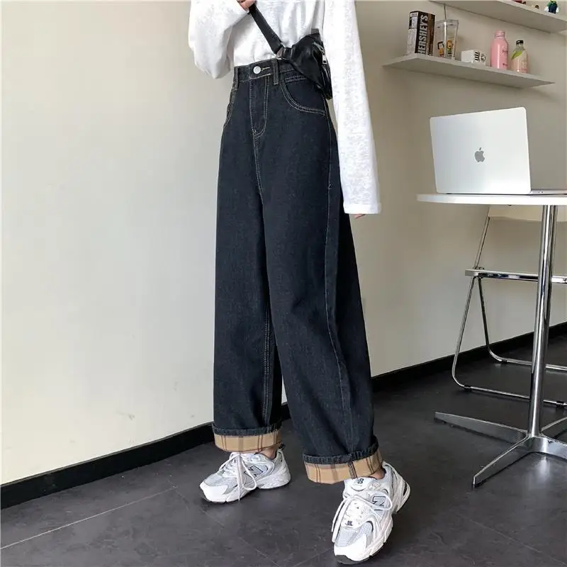 

Woman Jeans Pants Autumn Winter Vintage Jeans Large Size Women's Loose Flanging Straight-Leg Trousers