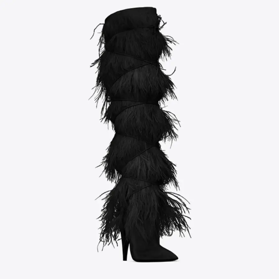 

size 41 42 43 44 45 Real Fur Feather suede Knee high boots women Pointy Tassel High heel Leather Motorcycle Boots Winter