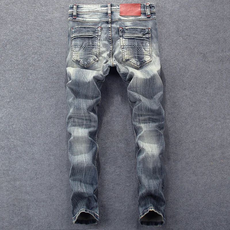 European American Vintage Fashion Men Jeans Retro Wash Slim Fit Ripped Jeans Men Distressed Scratch Designer Casual Denim Pants