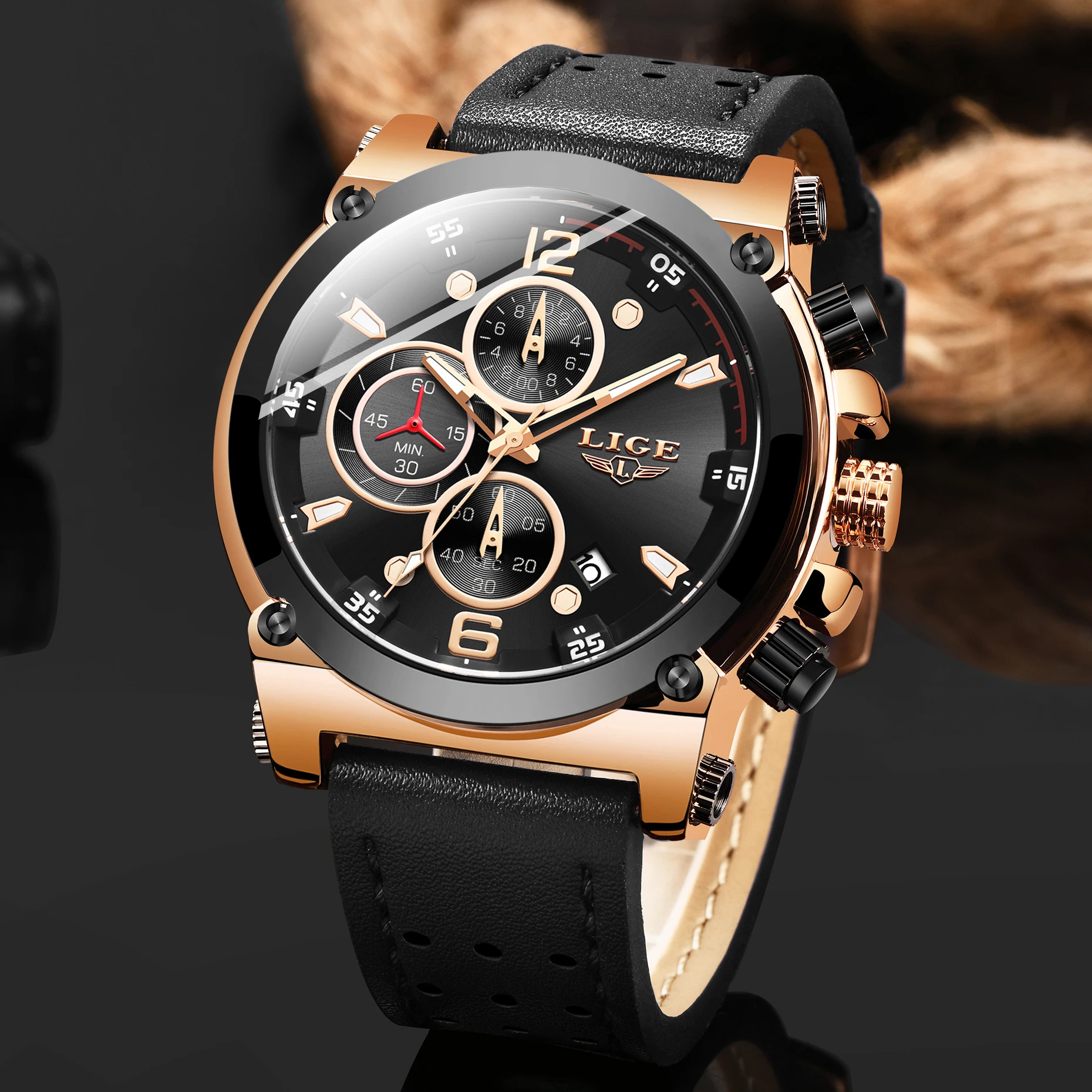 Новинка LIGE Топ бренд роскошные модные мужские часы кожаный Хронограф кварцевые
