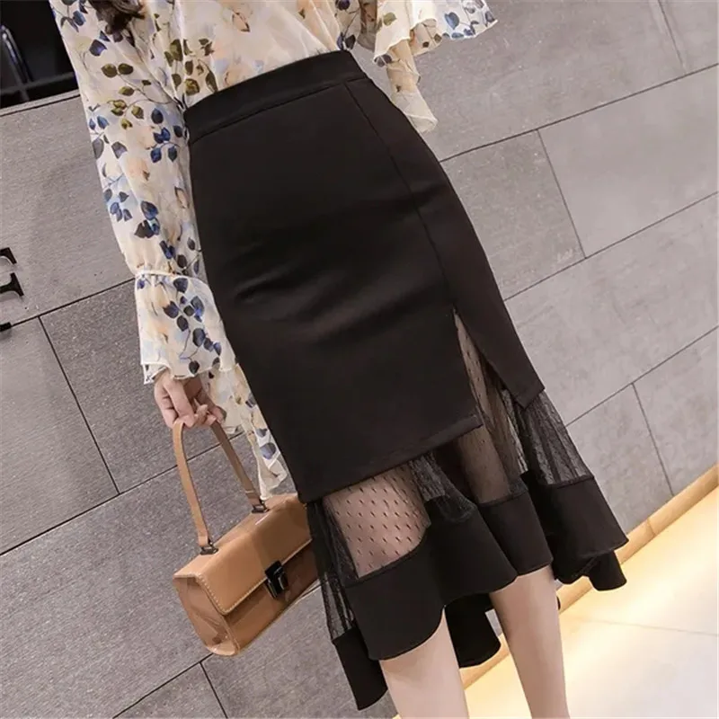 

Plus Size Women Fashion High Waist Mesh Patchwork Spring Skirt New 2022 Summer Casual Female Bodycon Asymmetrical Black Skirts