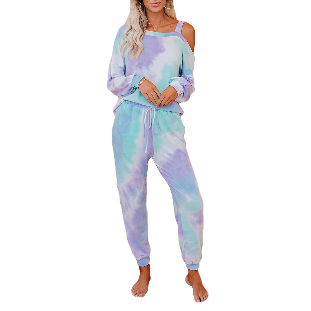 

Women 2 Pcs Tie Dye Clothes Sets, Cold Shoulder Long Sleeve Shirts + Elastic Long Pant Homewear Tracksuits