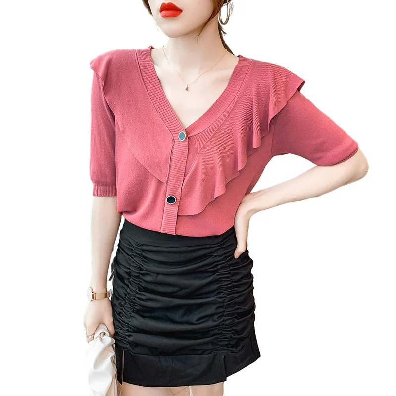 

Single Breasted Ruffled V-Neck Retro Short-Sleeved Temperament Cardigan Thin Sweater New Joker White Pull Femal 2021 Summer Tops