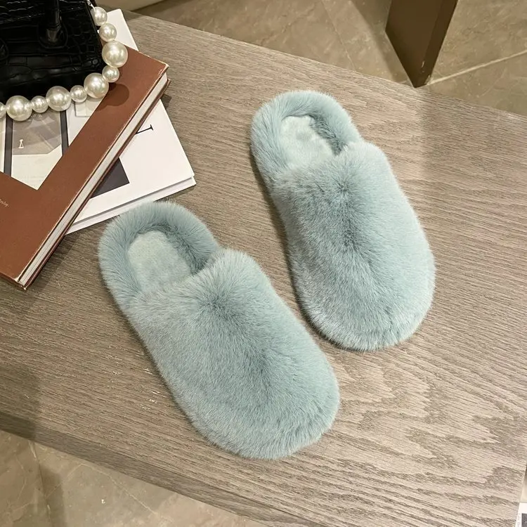 

Winter Women House Zapatillas Mujer Casa Furry Slippers Fashion Faux Fur Warm Shoes Slip on Flats Female Slides Black Plush