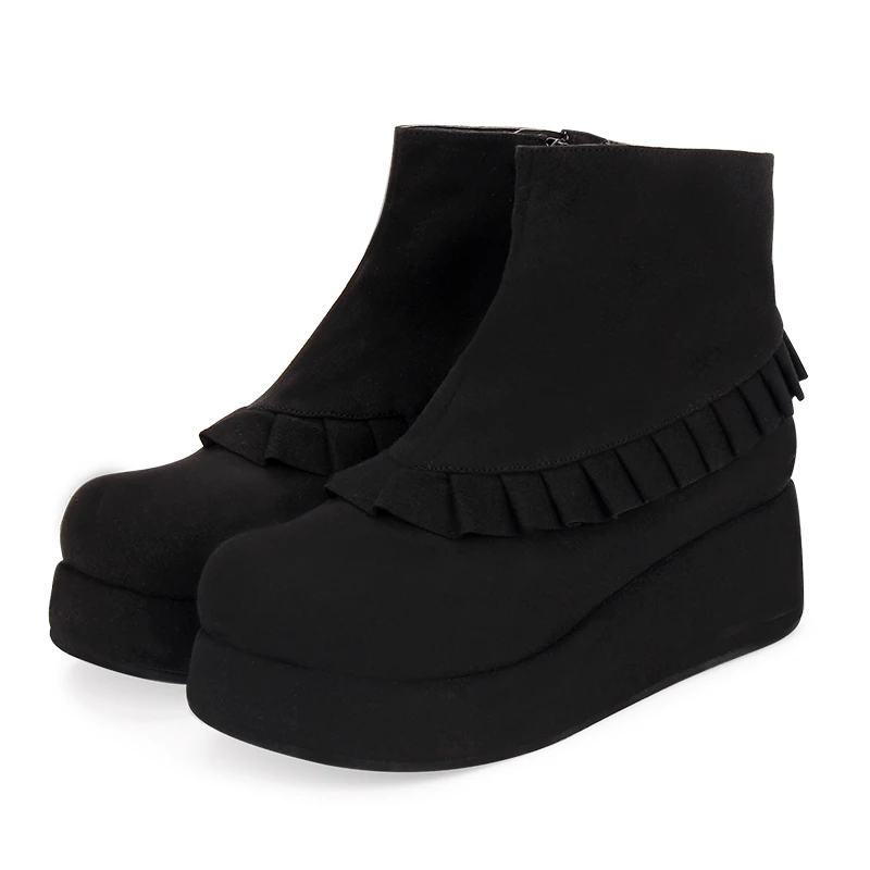 

Sweet Lolita Winter Ankle Boots Black/Brown Velvet Platform Boots with Ruffle Trim