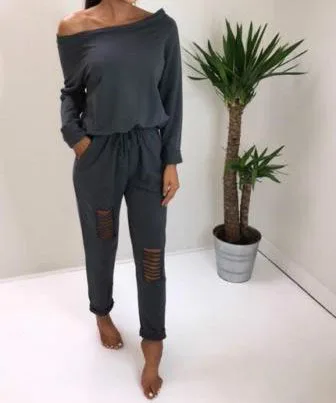 Женский комбинезон с открытыми плечами Осенний пикантный в стиле панк дырками