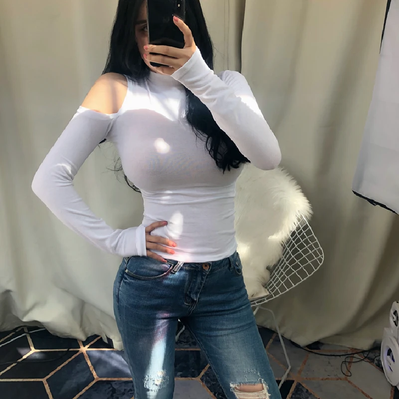 Новая весенняя Сексуальная футболка Женская эластичная в Корейском стиле