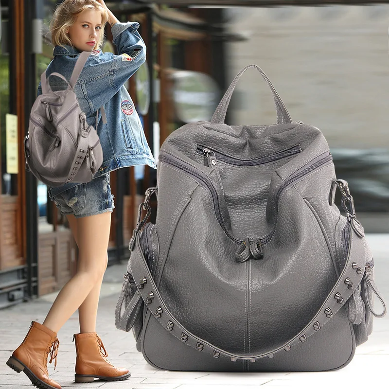 

Leather Backpack Women School Bags For Teenage Girls 2021 New Fashion Large Capacity PU Leather Black Women Backpack