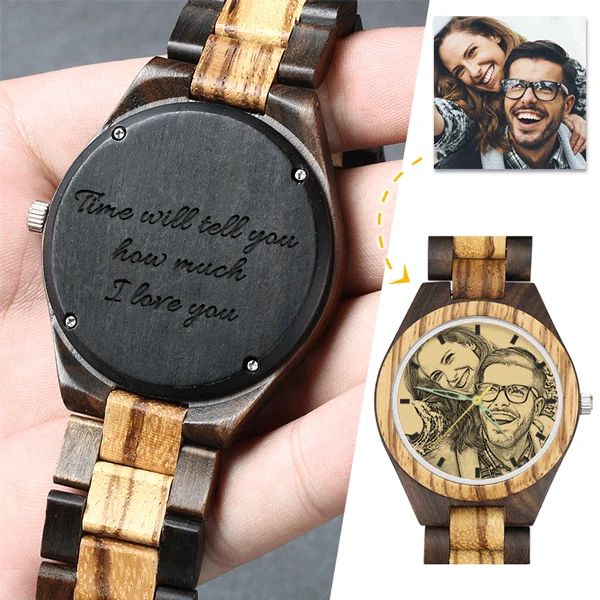 

Personalized Photo Watch Jewelry Custom Words For Men Engrave Wooden Strap 45mm Wood Wristwatch Creative Couple Gifts