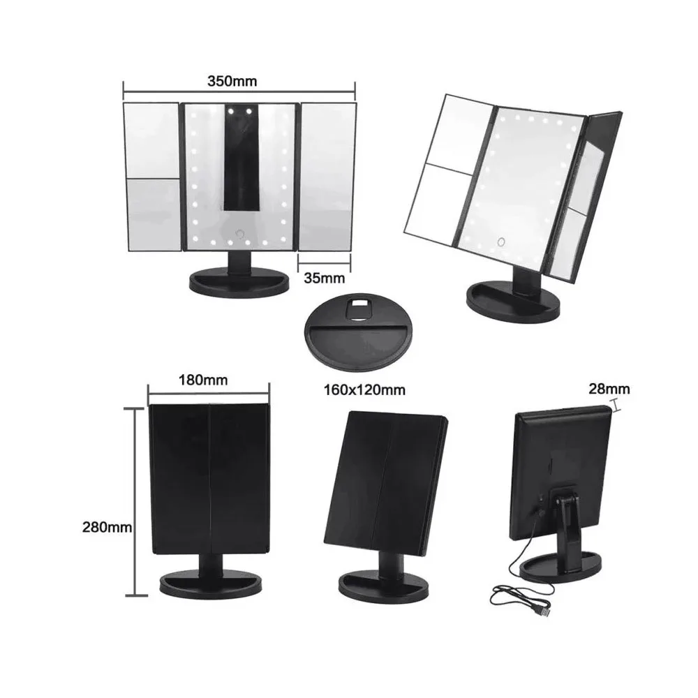 Большой зеркало для макияжа с натуральным светодиодный свет складываются в три