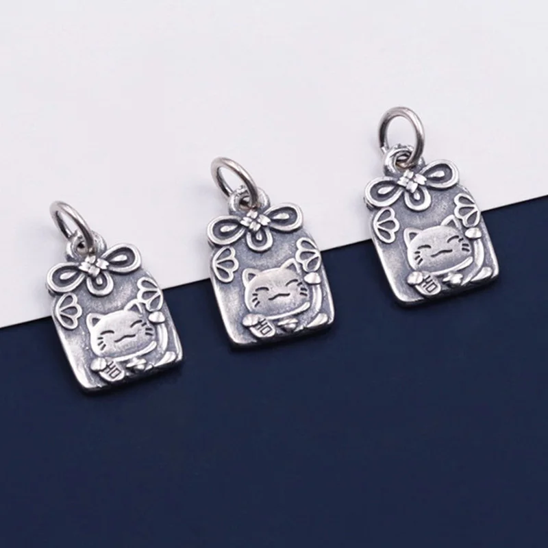 

925 Sterling Silver Unisex Decoration Fortune Cat Chinese Bow Charms Fancy S925 Silver Blessing Pendants DIY Jewelry Making Gift