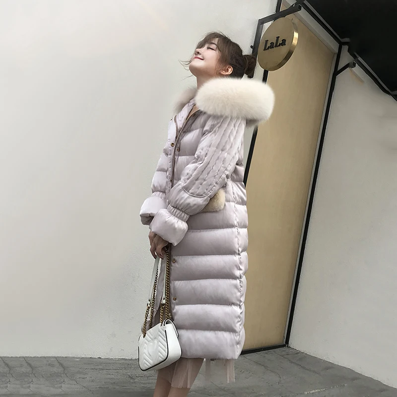 Женский пуховик с мехом енота черная или серая теплая парка на 2019 белом утином