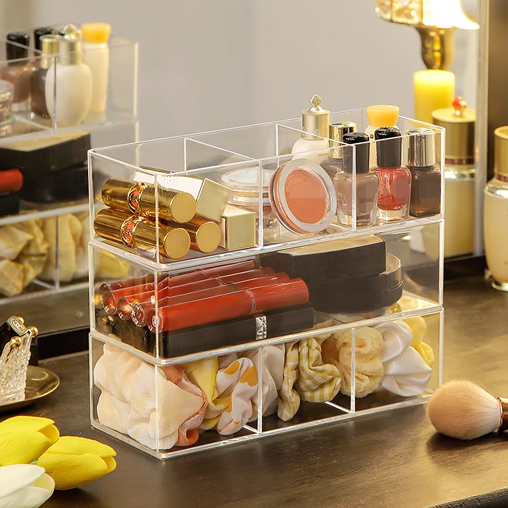 

Clear Acrylic Makeup Layered Storage Box Dressing Table Cosmetic Lipstick Finishing Grid Box Desktop Drawer Storage Compartment