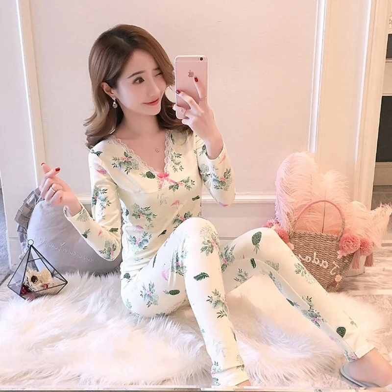 

2021 New Autumn Sexy V-neck Long Sleeve Body Shaper Pajama sets Sleepwear Suit for Women Shapewear Underwear Long Johns Bodysuit