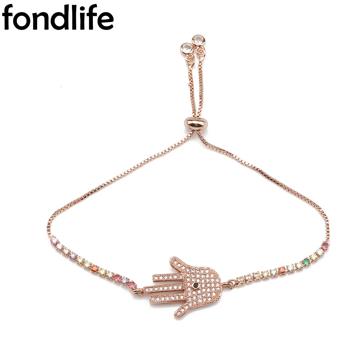 

Exquisite Fatima Hand Bracelet Rose Gold Evil Eye CZ Boho Luck Couple Gift Chain Jewelry 2021 Handwoven Adjustable Woman Present