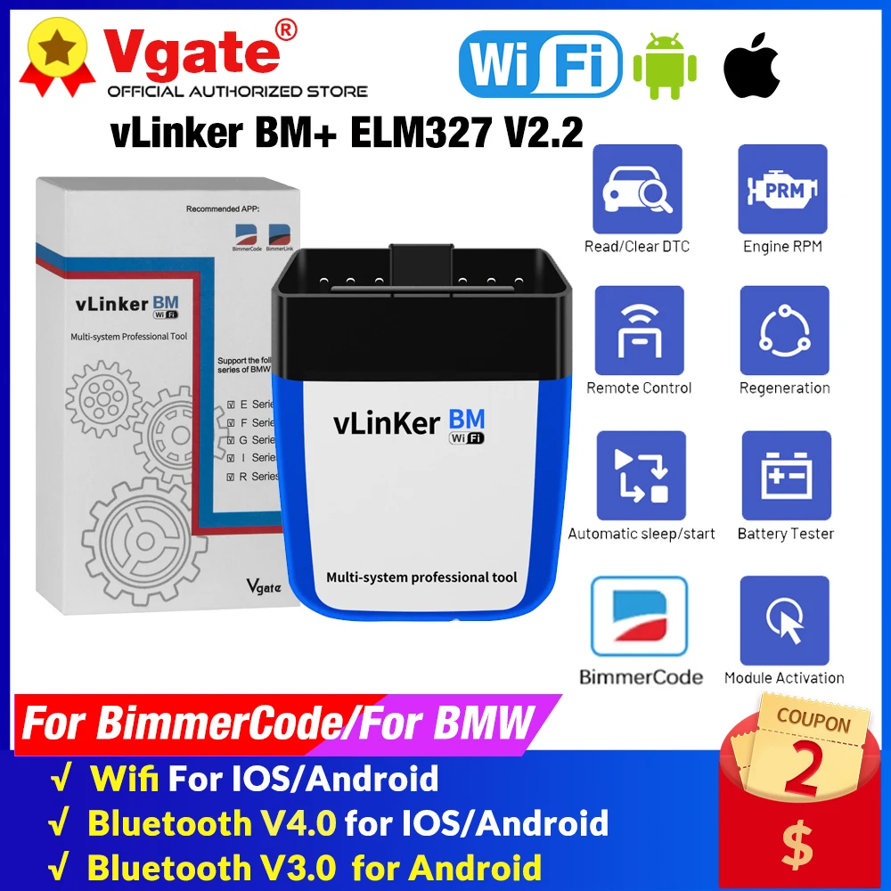 Автомобильный диагностический сканер Vgate vLinker BM + ELM327 V2.2 для BMW OBD2 Bluetooth 4 0 Wi-Fi OBD 2 PK