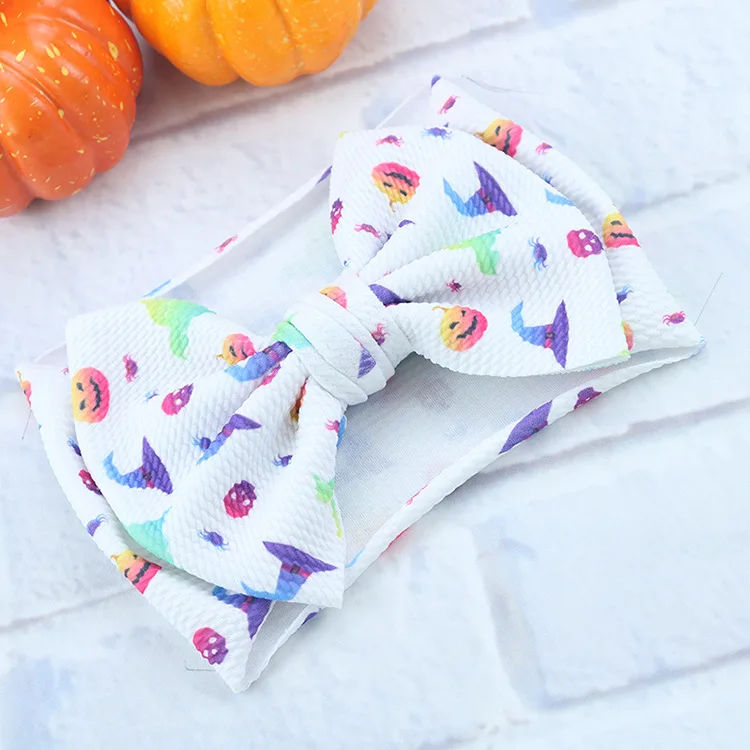 New Halloween Print Turban 7'' Big Hair Bows Headband For Girls Head Wraps Textured Fabric Elastic DIY Kids Accessories |