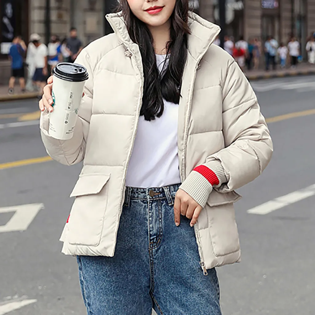 

Women Winter Warm Coat Stand Collar Parka Thick Warm Loose Jacket Short Overcoat Solid Winter Coat