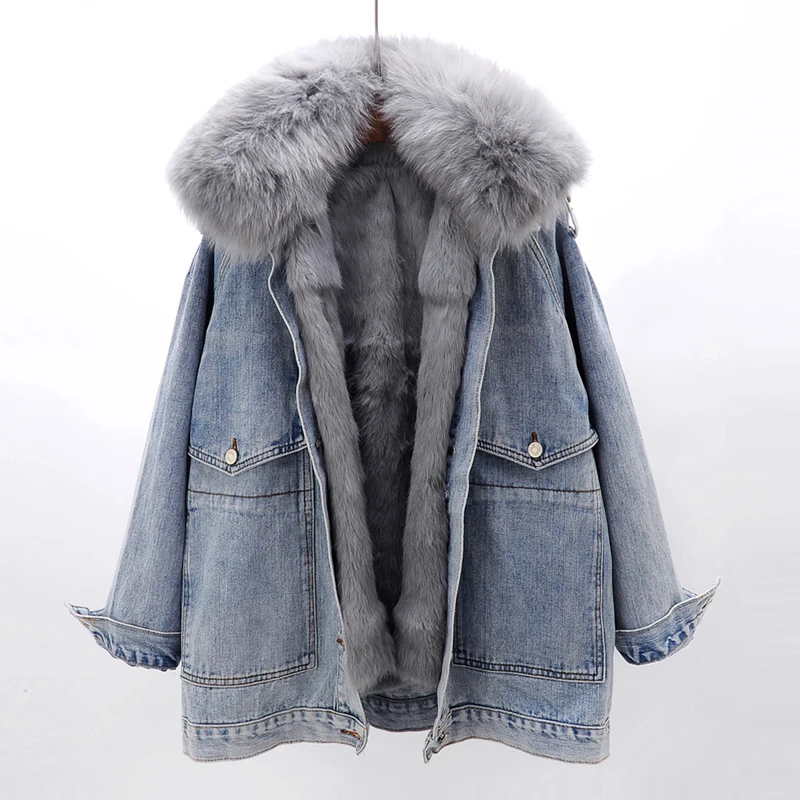 2021 New Korean Winter Real Fox Fur Collar Women Denim Jacket Detachable Rex Rabbit Fur Liner Coats Female Fur Loose Overcoat