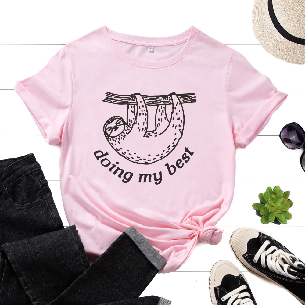 

Women's Graphic T-Shirts Printed Shirt Cotton Tee Short Sleeve Summer Tops Female Tees Clothes Doing My Best Sloth Animal Top