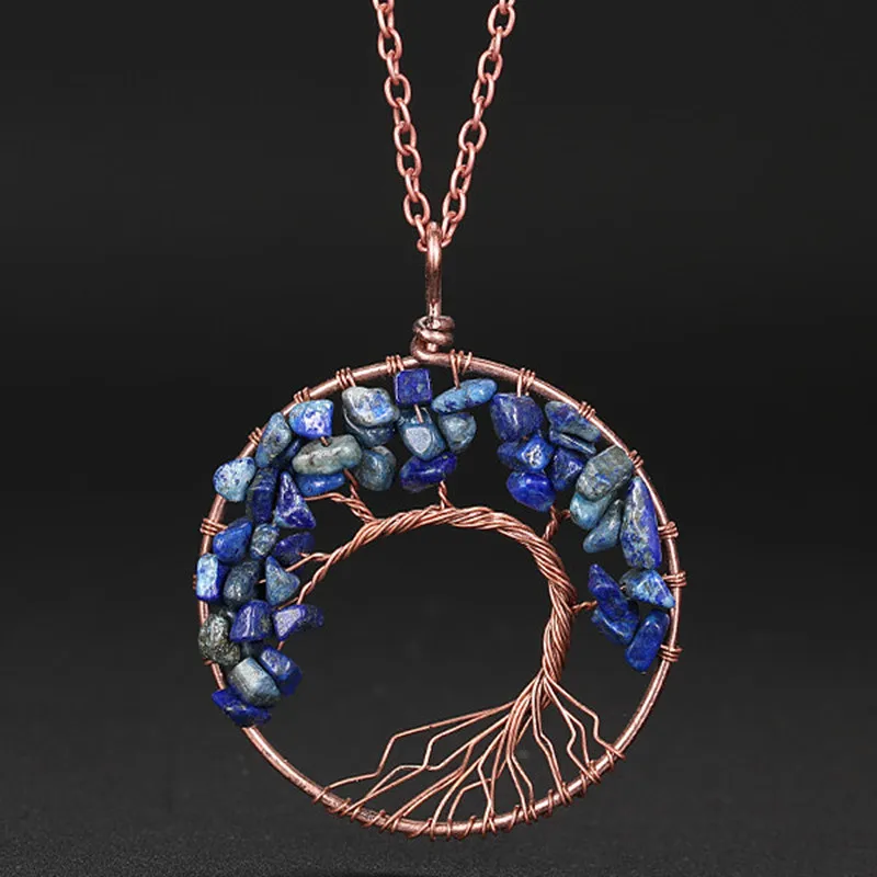 

7 Chakra Jewelry Rainbow Natural Stone Beads Wrap Wisdom Tree of Life Antique Copper Plated Round Pendant for Women Necklace