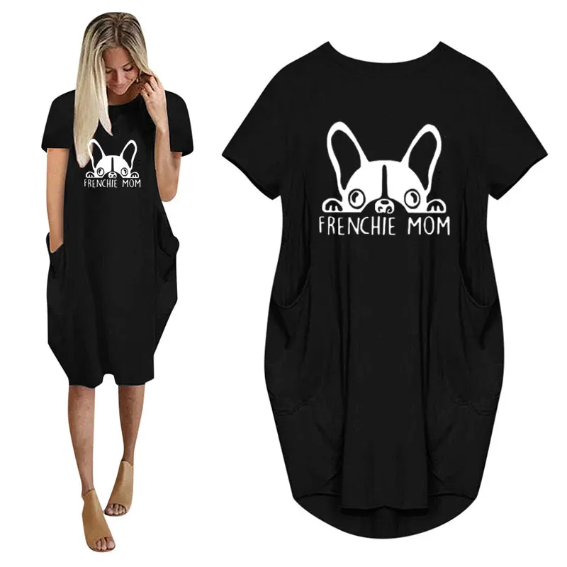 Summer Frenchie Mom Women Casual French Bulldog Mom Loose Dress With Pocket Ladies Fashion O Neck Long Tops Female T Shirt Dress