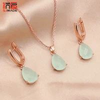 sjmade korean trendy cute water drop 585 rose gold dangle earrings jewelry sets for women 2020 new fashion wedding jewelry gift
