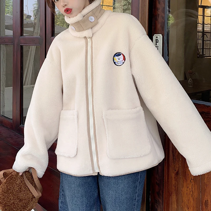 WKFYY Women Winter Causal Beige Lambswool Cartoon Beer Embroidery Stand Collar Thick Oversize Jacket Coat Outwear C4004