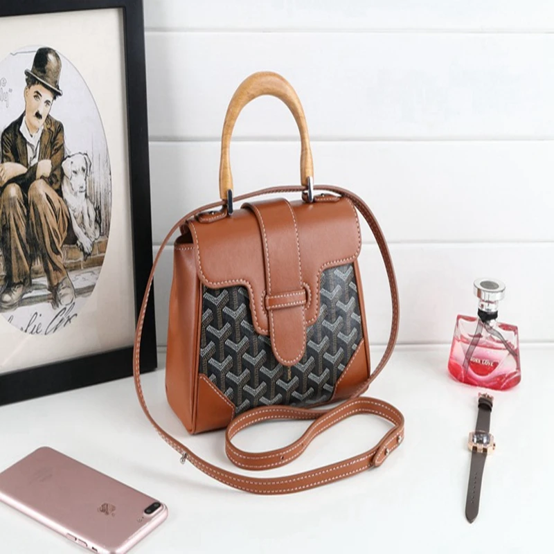 

2021 spring and summer new style, wood handle Saigon bag, leather handbags, handbags, messenger bags, shoulder bags