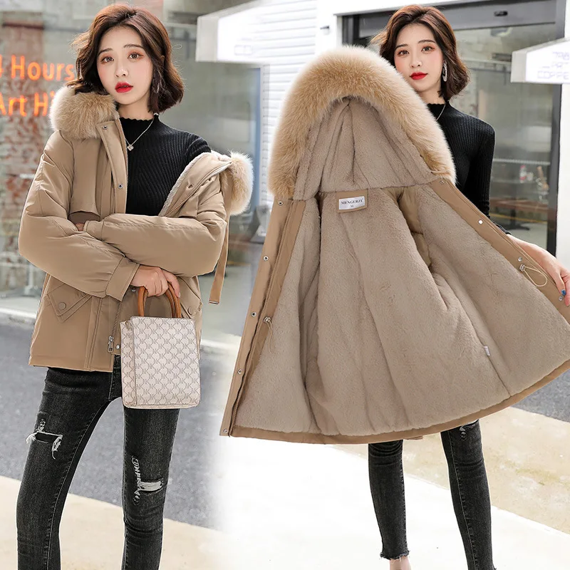 

2021 New Cotton Fleece Liner Parker Jacket Fashion Adjustable Waist Fur Collar Winter Jacket Women Mid-length Hooded Parka Coat