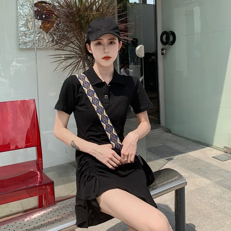 

Women Summer Ruffled Drawstring Mini Dress Short Sleeve Turn Down Collar Solid Color Ladies Preppy Vestidos