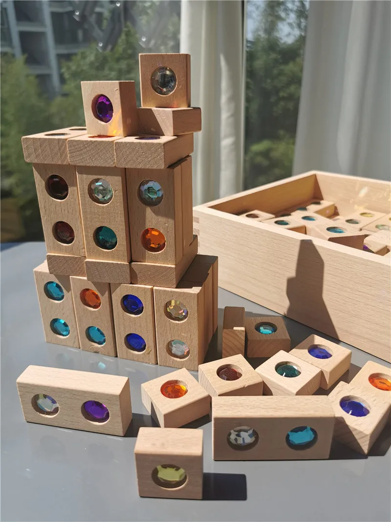 Bloques de construcci&oacute;n de piedras brillantes de acr&iacute;lico para ni&ntilde;os, juguete Montessori de madera, piedras preciosas de madera, bloques de construcci&oacute;n de diamantes de cristal de arco&iacute;ris-1