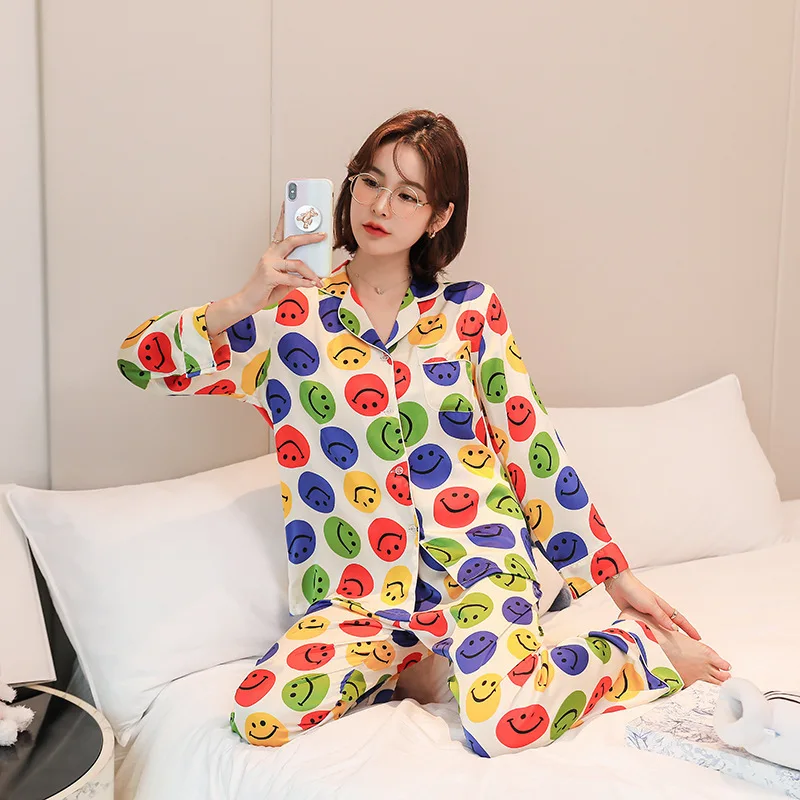 

Korean Version Of Rainbow Smiley Ice Silk Pajamas Women Loose express it in Sweet Home thanks Long Sleeve Two - Piece Suit