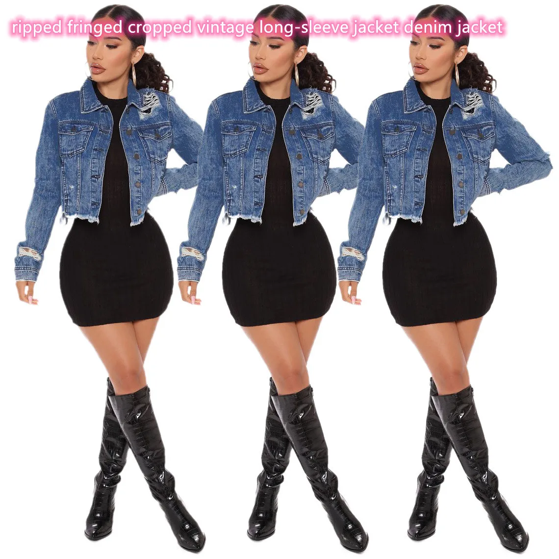 

Women's Denim Jacket Casual Slim Retro Long Sleeve Lapel Spring Autumn Personality Ripped Fringed Denim Jacket Free Shipping