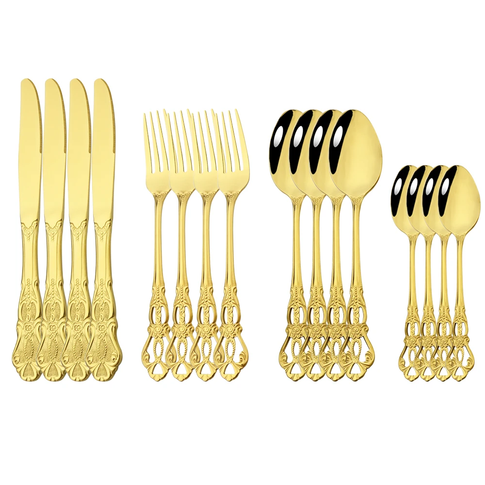 

Столовая посуда, 16 шт., столовый набор из ложки и ножа из нержавеющей стали, набор золотых столовых приборов, кухонная посуда, подарок, зеркал...