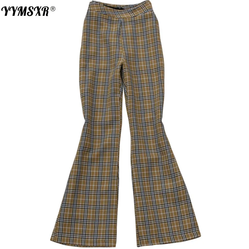 

YYMSXR 2021 Women's Plaid Trousers Summer New High-end Fashion Temperament High Waist Slimming Micro Flared Wide-leg Pants