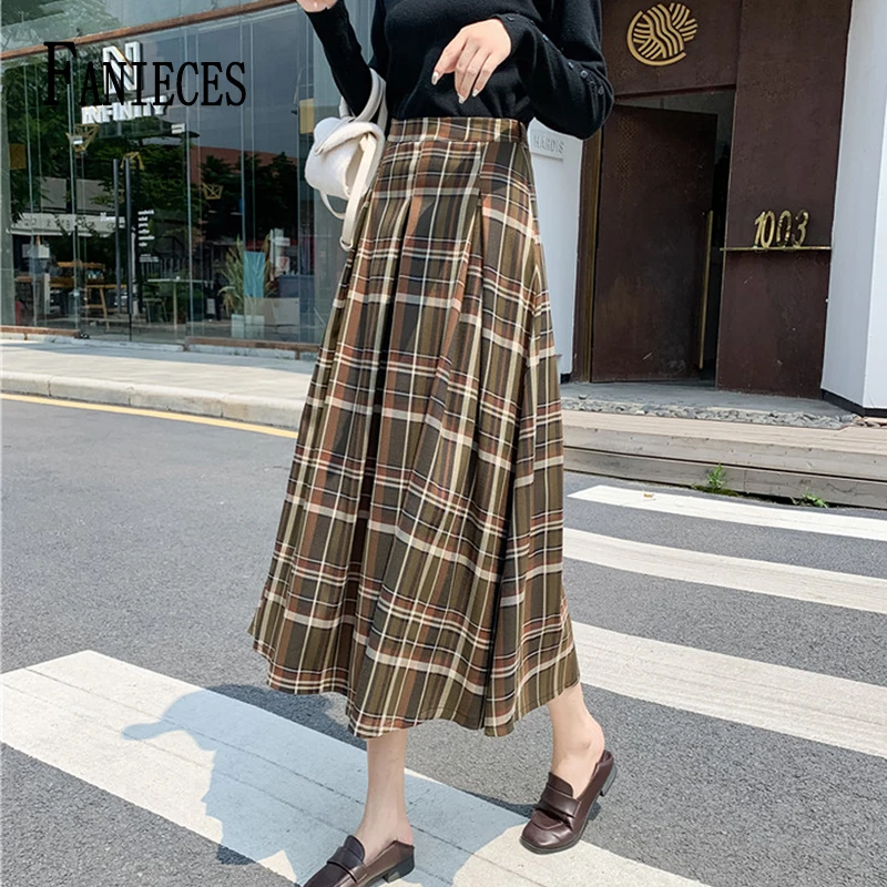 

FANIECES Autumn Vintage Plaid Print A Line Long Skirt Women High Waist Harajuku Midi Skirts Scotland Lattice Streetwear Faldas