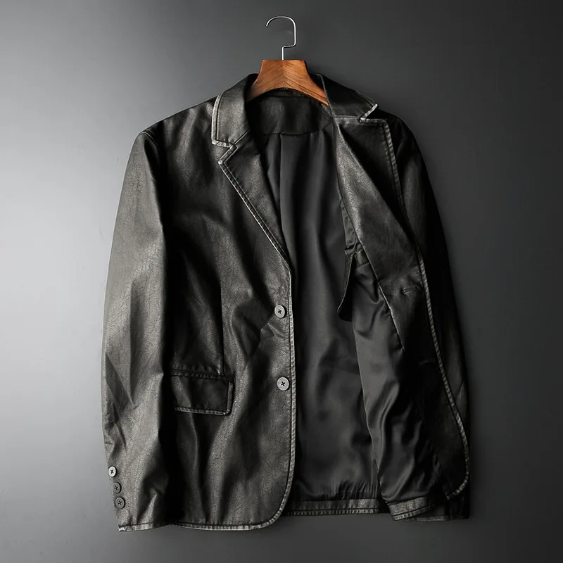 Мужской новый осенний Блейзер 2021 Мужская модная однобортная кожаная куртка с