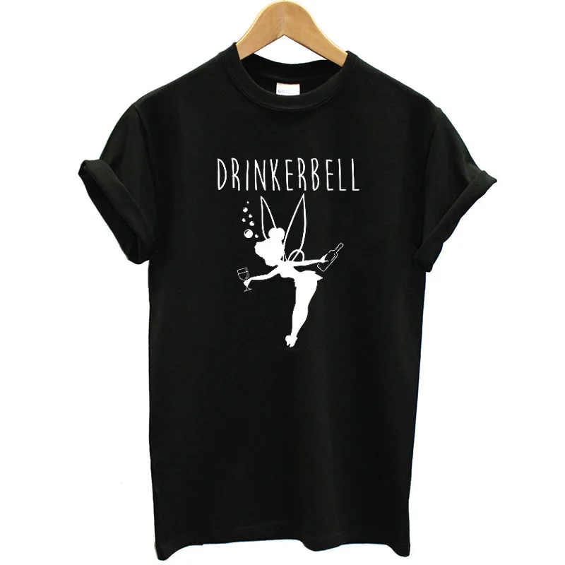 WI07-Black Drinker Bell, женская футболка, хлопок, короткий рукав, Круглый ворот, летние топы, уличная мода, винная футболка, Женская забавная футболка, розовая - Цвет: WI07-Black