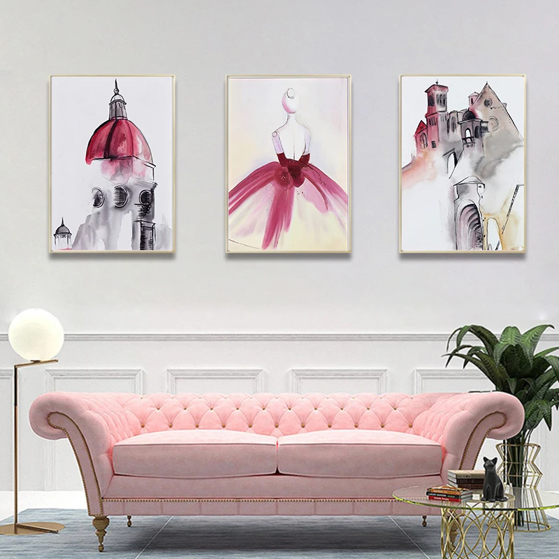 Акварельный рисунок современная девушка и замок постер Картина на холсте