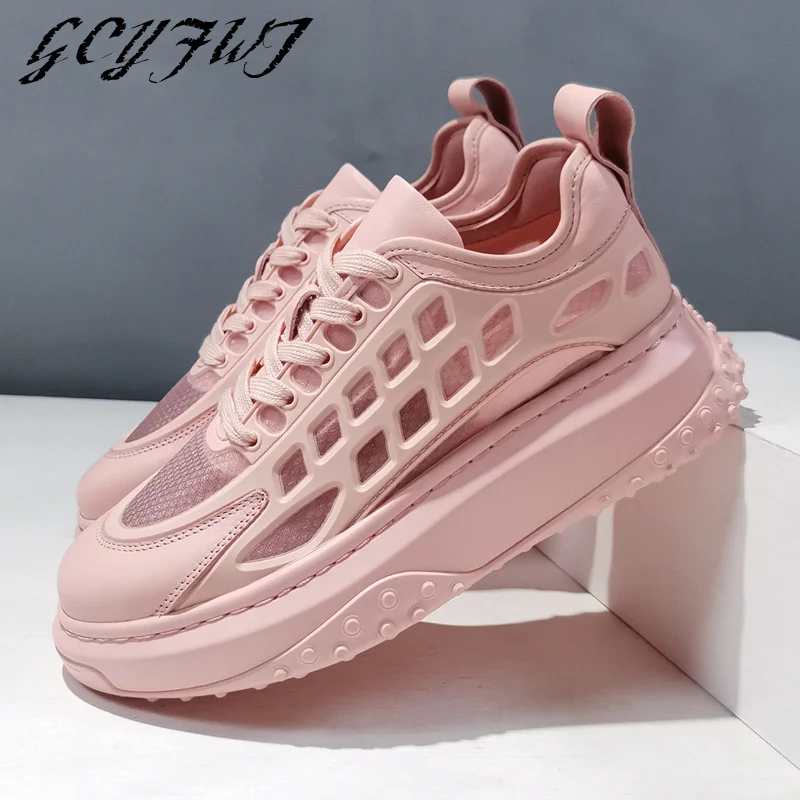 

Women Sneakers Summer Solid Color Breathable Lace-Up Flat Platform Zapatos De Mujer Thick Bottom Increase Novelty Female Shoes